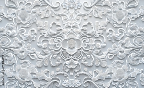 Intricate silver embossed floral pattern with detailed textures. 