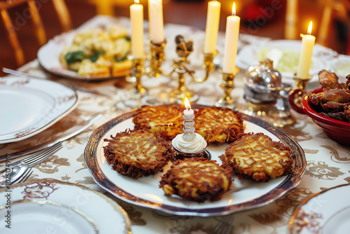 Latkes on festive Hanukkah table with candles for celebration photo