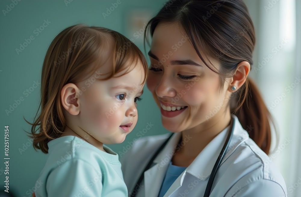 Female doctor with stethoscope in white coat holds her baby in her arms. There is daylight through the window in the clinic Female doctor with stethoscope in white coat holds her baby in her arms. There is daylight through the window in the clinic