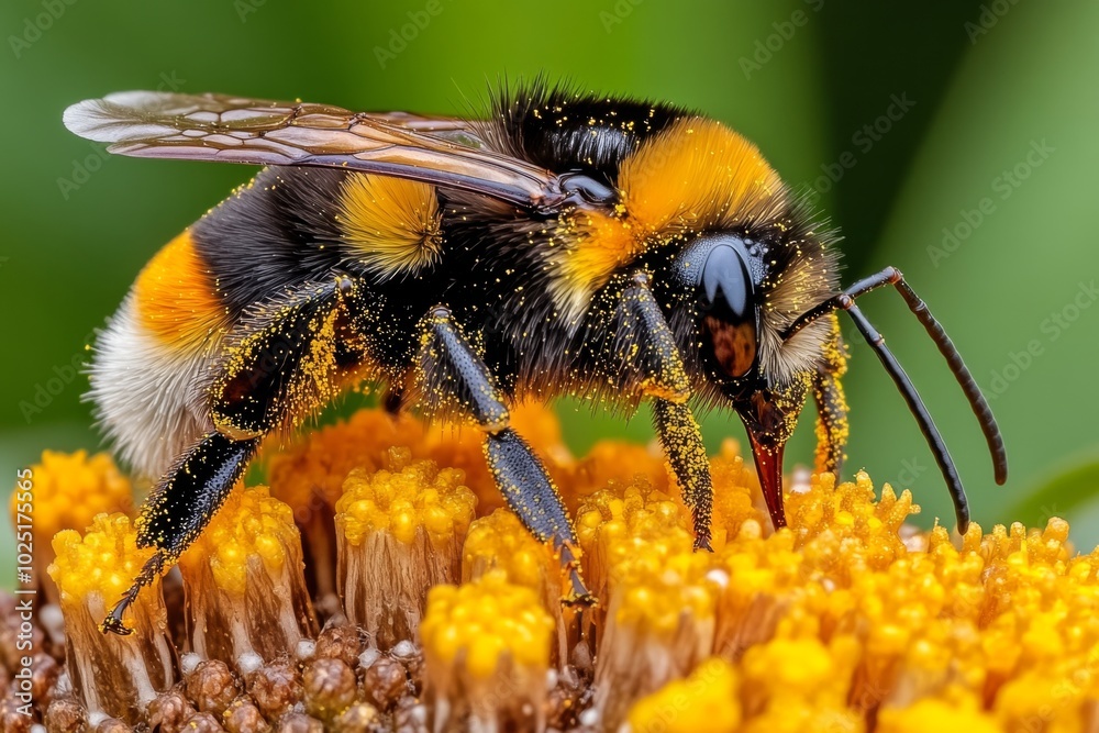Hyper-detailed shot of a bumblebee pollinating a flower, with intricate details of the bee’s wings, the flower's petals, and pollen grains Hyper-detailed shot of a bumblebee pollinating a flower, with intricate details of the bee’s wings, the flower's petals, and pollen grains