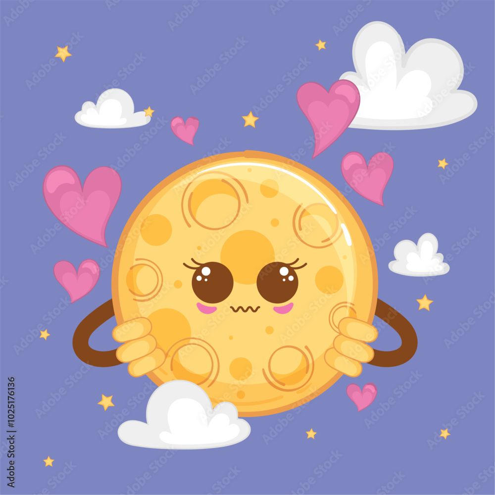 Blushing moon surrounded by hearts and clouds, vector illustration Blushing moon surrounded by hearts and clouds, vector illustration