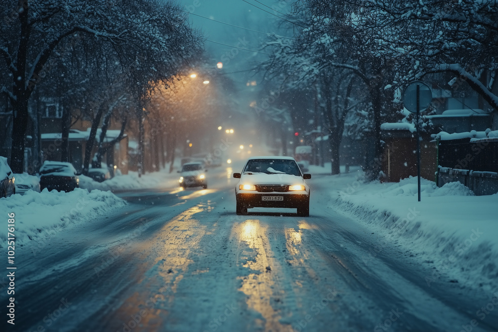 Heavy traffic moves slowly, creating a vehicle jam in poor weather Heavy traffic moves slowly, creating a vehicle jam in poor weather