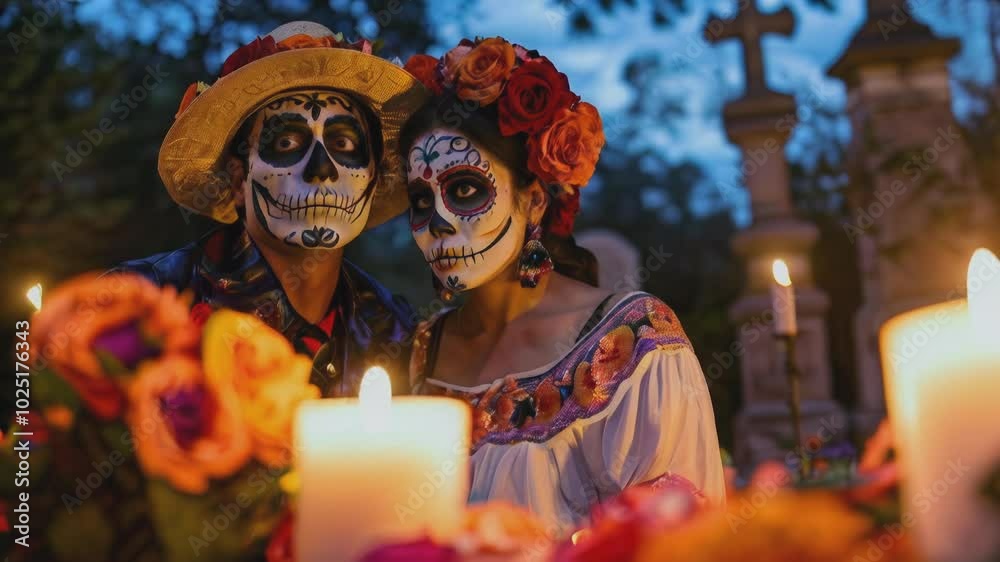 The image features two individuals in traditional Day of the Dead costumes and Catrina-style face paint. They are at a cemetery, surrounded by candles and flowers, creating an atmosphere of deep rever The image features two individuals in traditional Day of the Dead costumes and Catrina-style face paint. They are at a cemetery, surrounded by candles and flowers, creating an atmosphere of deep rever