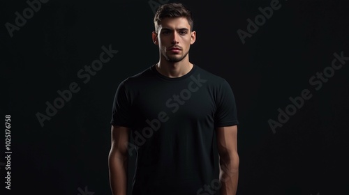 A mockup of a man in a black T-shirt in gothic look 