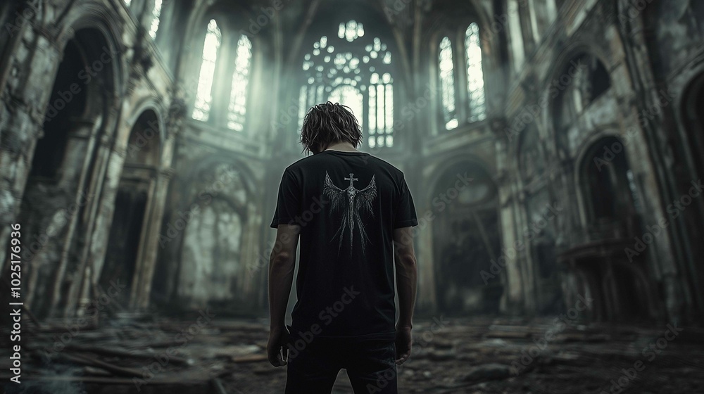 A mockup of a man in a black T-shirt in gothic look
A mockup of a man in a black T-shirt in gothic look