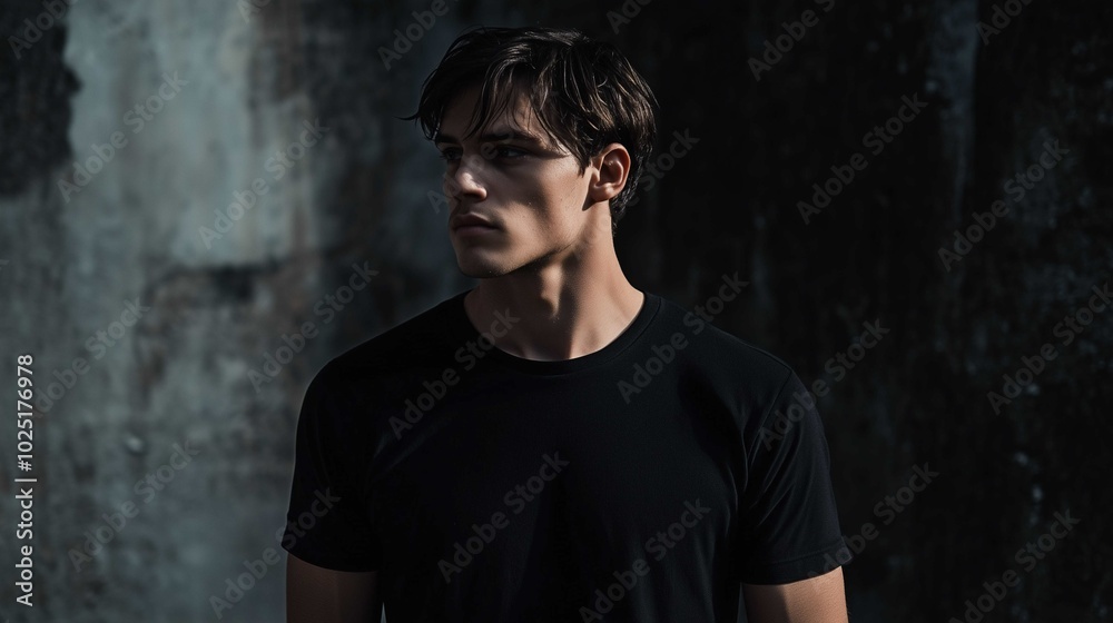 A mockup of a man in a black T-shirt in gothic look
A mockup of a man in a black T-shirt in gothic look