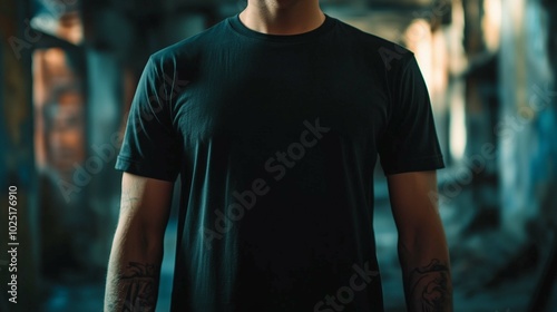 A mockup of a man in a black T-shirt in gothic look 