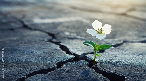 White flower growing through a cracked street, representing resilience and hope.