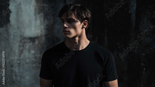 A mockup of a man in a black T-shirt in gothic look 