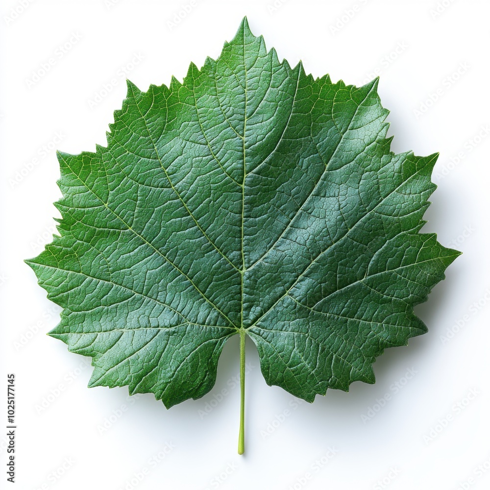 Fototapeta premium A realistic grape leaf with lobed structure and visible veins, isolated on white background