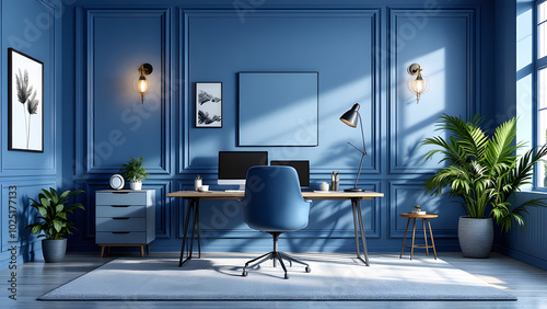 A 3D-rendered modern home office with a chic blue wall, velvet chair, and wooden floor, combining style and function for an inspiring work environment. photo