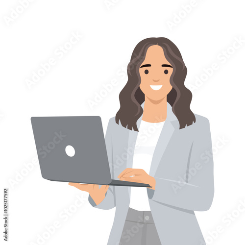 Young business woman holding laptop computer. Flat vector illustration isolated on white background photo