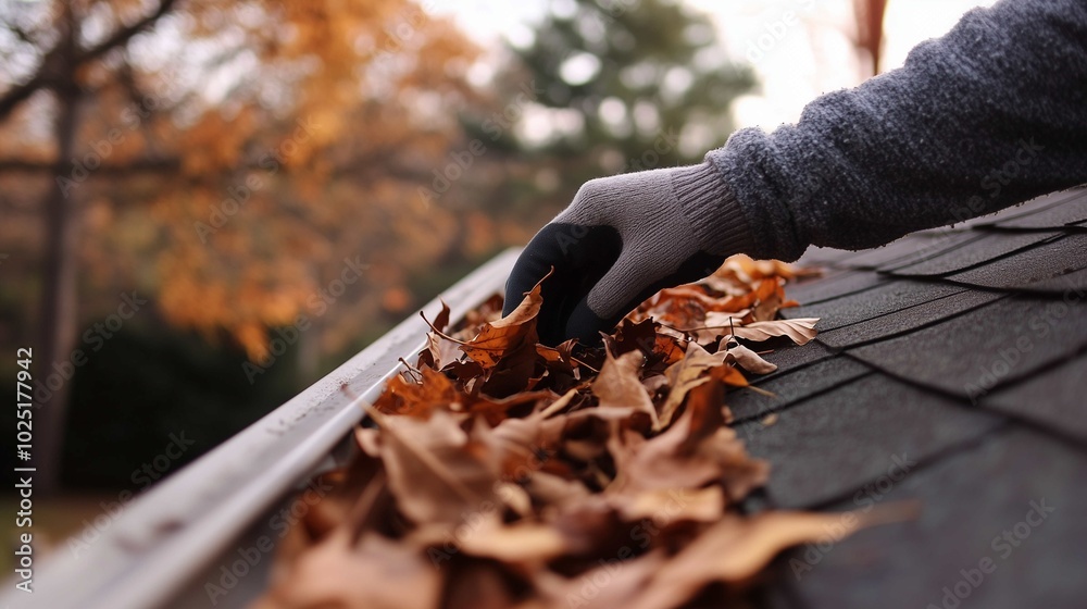 A person cleaning leaves from a roof gutter during autumn, emphasizing seasonal roof maintenance.
A person cleaning leaves from a roof gutter during autumn, emphasizing seasonal roof maintenance.