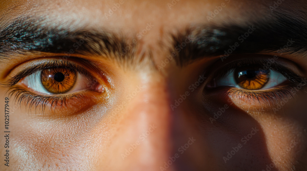 Close-up of a person's expressive eyes reflecting sunlight, highlighting their deep brown color and intricate details during afternoon light