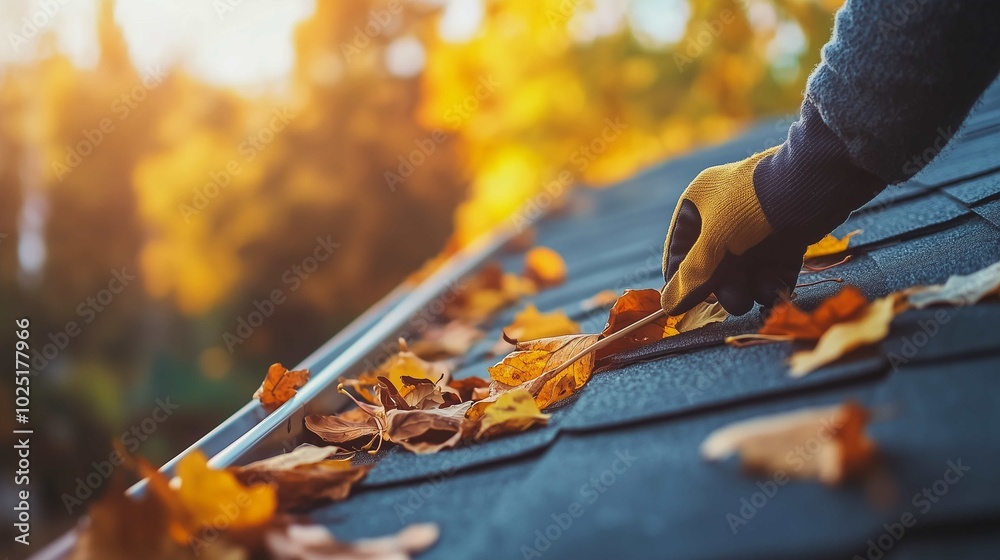 A person cleaning leaves from a roof gutter during autumn, emphasizing seasonal roof maintenance.
A person cleaning leaves from a roof gutter during autumn, emphasizing seasonal roof maintenance.