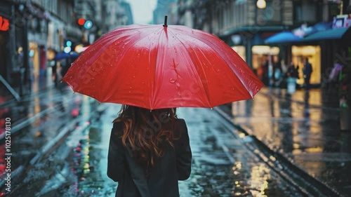 Wallpaper Mural A woman walks through a rainy city street at night, holding a vibrant red umbrella. The streetlights and car headlights create beautiful reflections on the wet pavement, adding a sense of calm and nos Torontodigital.ca