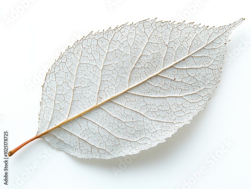 A silver birch leaf with a delicate structure and visible midvein, isolated on white background 