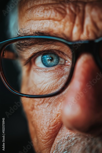 An elderly man's eye captured in close-up detail, framed by glasses, depicting wisdom and aging beauty.