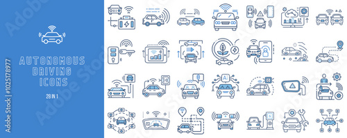 Autonomous driving icons set in blue line art style on white background