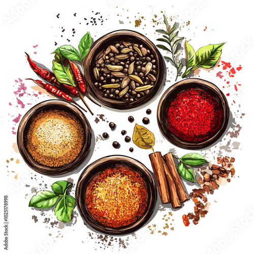 Assorted Indian Spices in Bowls and Herbs - Flavorful Cooking Illustration