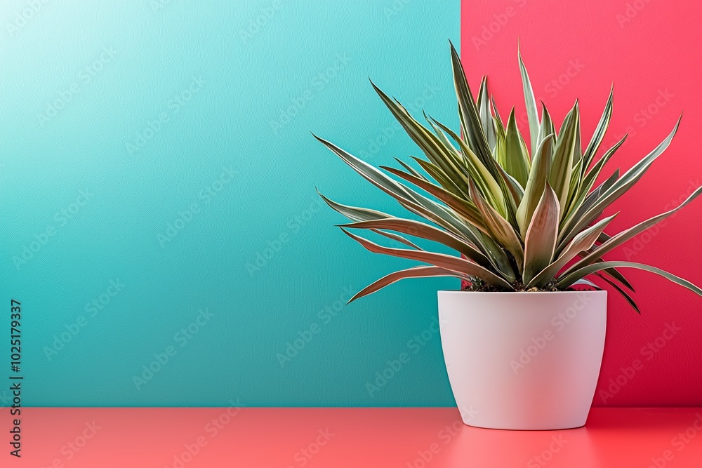A sharp-leaved agave plant stands in a white pot against a bright teal and coral dual-color background. A sharp-leaved agave plant stands in a white pot against a bright teal and coral dual-color background.
