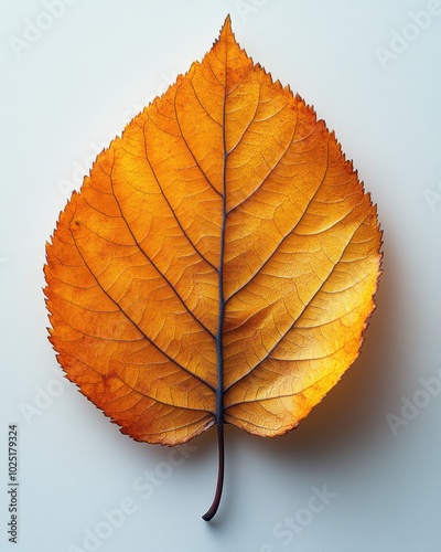 A single elm leaf with an asymmetrical base and visible midvein, isolated on white background  photo