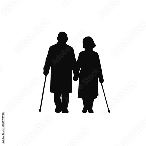 An elderly couple, a man and a woman, holding hands and walking together. The man is using a cane