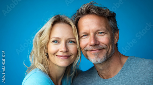 A couple smiles warmly against a vibrant blue backdrop, capturing a moment of joy and connection in a bright daytime setting