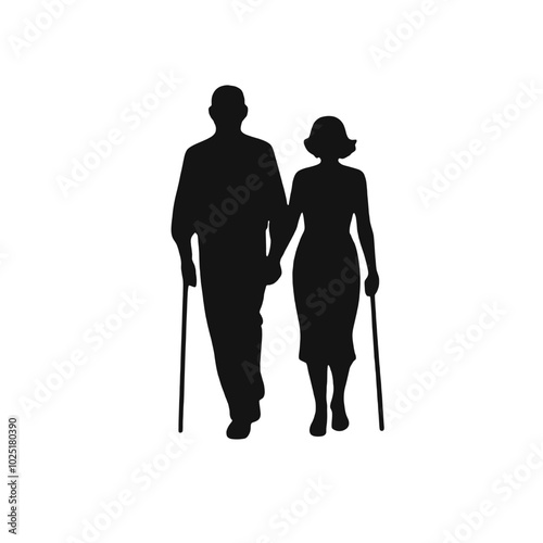 An elderly couple, a man and a woman, holding hands and walking together. The man is using a cane