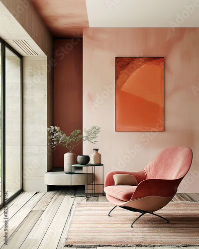 Minimalist interior design of modern living room. Stylish modern room featuring a pink armchair, abstract orange wall art and minimalist decor with natural light. photo