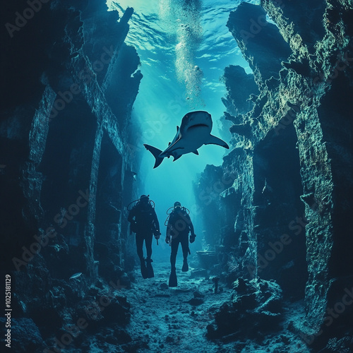 Diving in depths of sea, two divers explore sunken shipwreck while shark glides gracefully nearby, creating thrilling underwater adventure photo