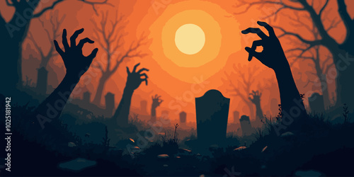 Halloween background with zombie hand and skeleton hand, cemetery for holiday poster. Creepy and mystical background with cross, grave, tombstone and dead man for dark fear October design