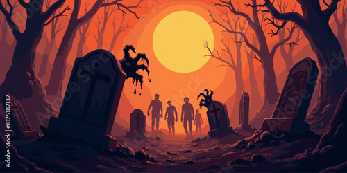 Halloween background with zombie hand and skeleton hand, cemetery for holiday poster. Creepy and mystical background with cross, grave, tombstone and dead man for dark fear October design
