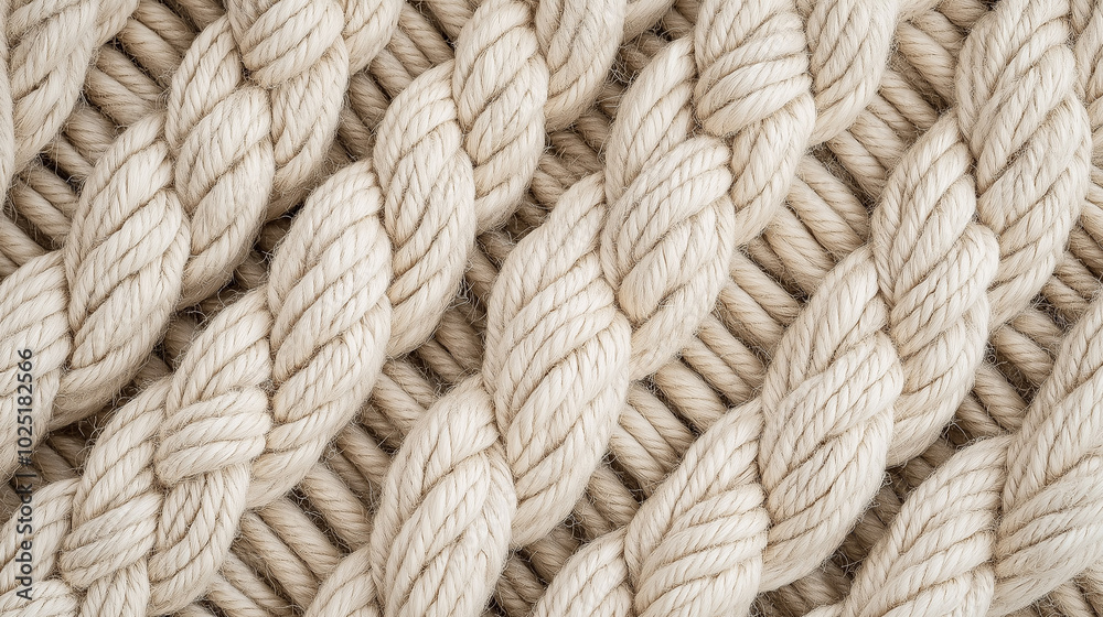 Close-up of thick, woven natural rope fibers, showcasing texture and pattern in a neutral beige tone. Close-up of thick, woven natural rope fibers, showcasing texture and pattern in a neutral beige tone.
