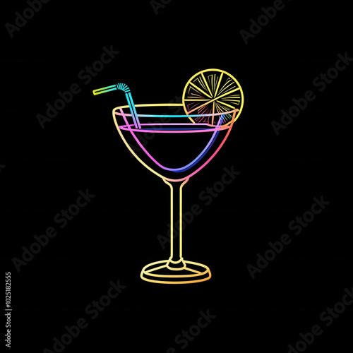 Sleek cocktail glass logo with a straw and lemon slice, set against a black background in minimalist outline art