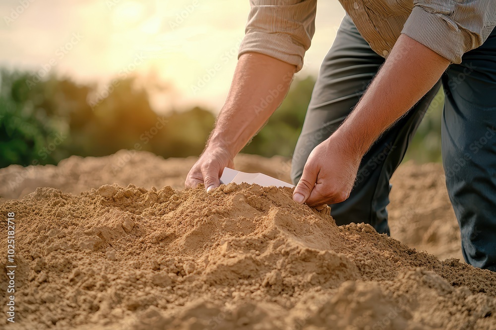 Man planting seeds in fertile soil during golden hour, close-up shot.