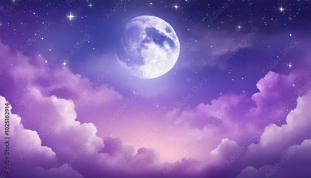A serene night sky filled with soft purple clouds and a bright full moon illuminating the tranquil atmosphere A serene night sky filled with soft purple clouds and a bright full moon illuminating the tranquil atmosphere