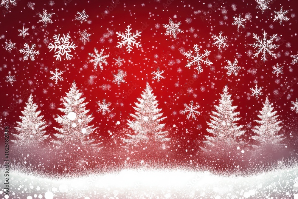 Red Christmas background with white snowflakes and silhouettes of trees, vector illustration