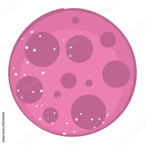 Pink planet with circular craters and white dots, vector illustration