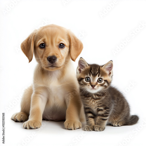 A cute kitten and puppy sitting together on a white background, looking at the camera.