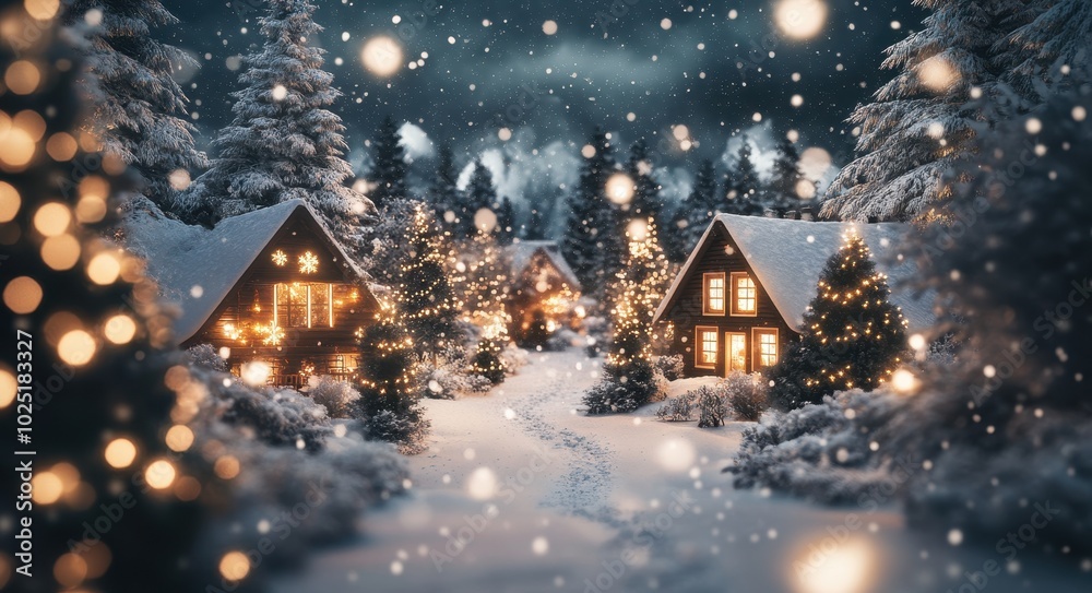 Fototapeta premium Stunning winter background with snow falling on cozy houses in the forest at night. Christmas card with copy space, 3D rendering illustration. Magical and dreamy atmosphere.