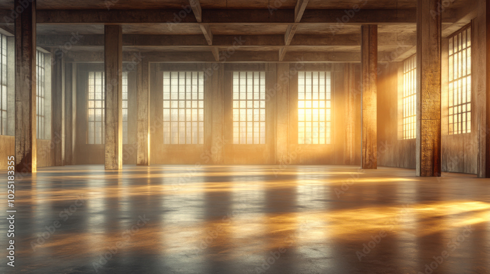 A sunlit industrial space with tall windows casting warm light on a polished concrete floor in the late afternoon A sunlit industrial space with tall windows casting warm light on a polished concrete floor in the late afternoon