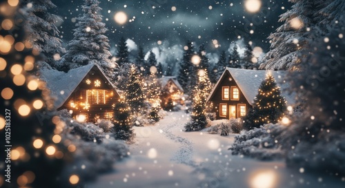 Stunning winter background with snow falling on cozy houses in the forest at night. Christmas card with copy space, 3D rendering illustration. Magical and dreamy atmosphere.