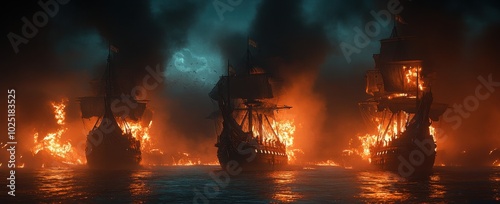 Three majestic pirate ships burning at sea, ominous and dramatic lighting, detailed ship design, epic ocean background, high resolution
