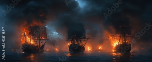 Three majestic pirate ships burning at sea, ominous and dramatic lighting, detailed ship design, epic ocean background, high resolution