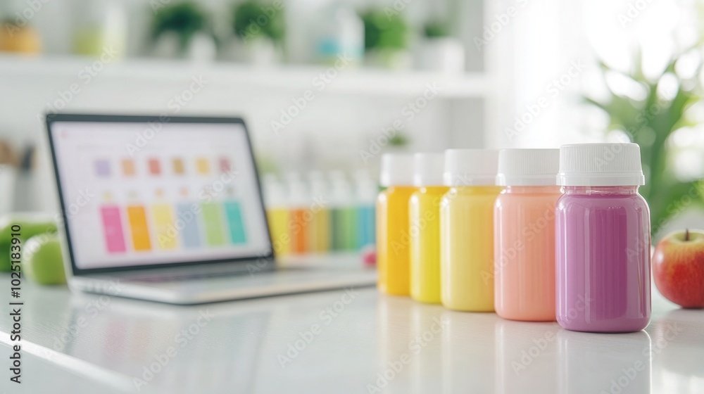 Modern Kitchen Countertop with Colorful Dietary Supplement Bottles, Laptop Displaying Online Shopping Cart, and Fresh Produce Modern Kitchen Countertop with Colorful Dietary Supplement Bottles, Laptop Displaying Online Shopping Cart, and Fresh Produce