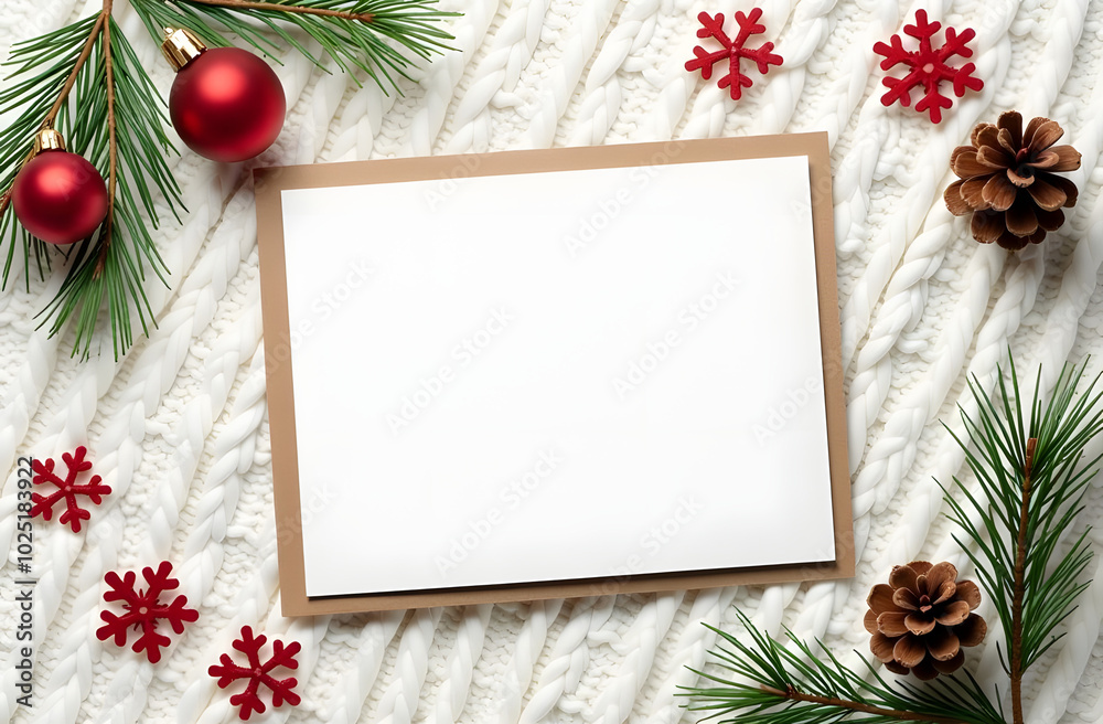 Fototapeta premium top view of blank card with kraft frame surrounded by christmas holiday decorations on cozy knitted white background