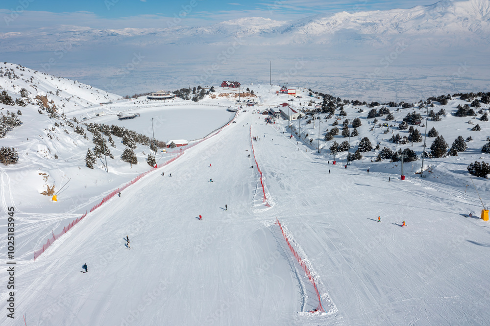 A view of skiers from Ergan ski resort, located among the mountains in Erzincan Province.