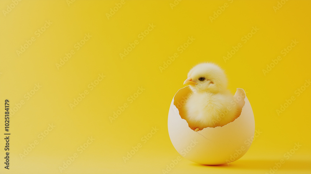 Yellow chick emerging from a cracked eggshell on a bright yellow background, symbolizing birth, new life, and spring. Yellow chick emerging from a cracked eggshell on a bright yellow background, symbolizing birth, new life, and spring.