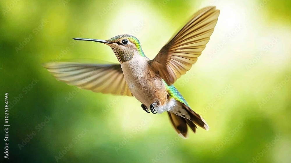 Fototapeta premium Hummingbird flying through air with wings spread, blurry background